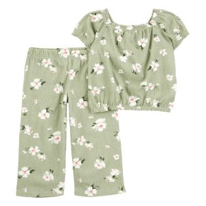 Conjunto longo infantil 2 peças texturizada floral verde