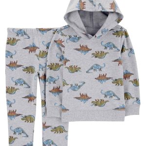 Conjunto longo de moletom infantil 2 peças capuz dinossauro cinza