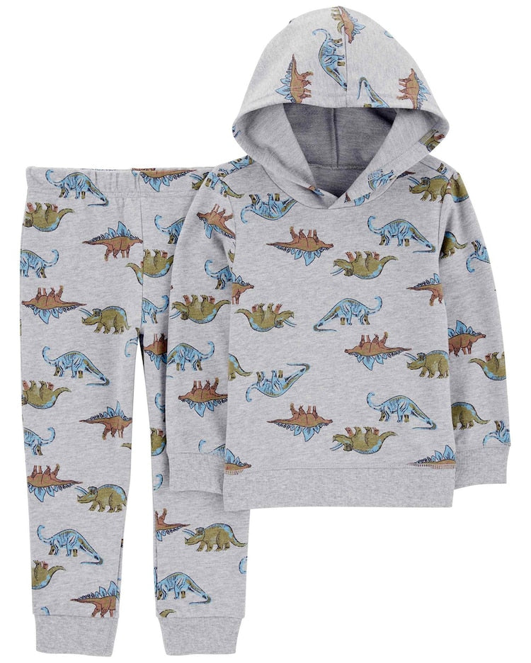 Conjunto longo de moletom infantil 2 peças capuz dinossauro cinza