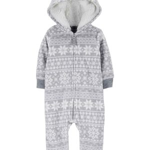 Macacão bebê fleece capuz sherpa neve cinza