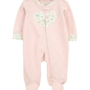 Macacão bebê manga longa com pezinho listras floral rosa | Carter's