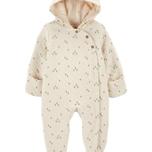 Macacão bebê matelassê com capuz árvores orelhinha bege | Carter's