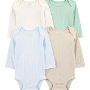 Kit body bebê 4 peças malha canelada manga longa multicor | Carter's