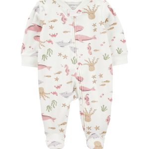 Macacão bebê manga longa com pezinho fundo do mar branco | Carter's