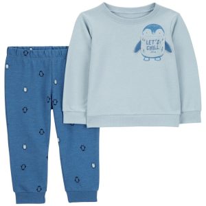 Conjunto longo de moletom infantil 2 peças bolso pinguim multicor