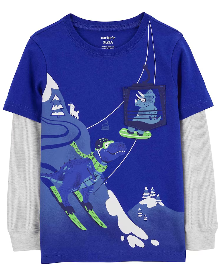 Camiseta infantil manga longa dino esquiando azul |