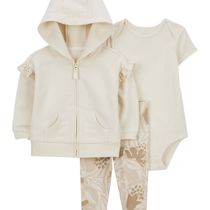 Conjunto longo de moletom bebê 3 peças babado floral bege | Carter's