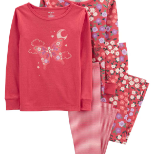 Pijama longo infantil 4 peças borboleta e floral rosa |