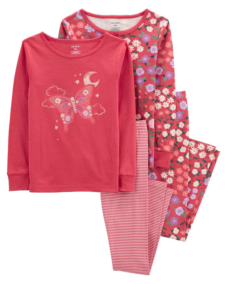 Pijama longo infantil 4 peças borboleta e floral rosa |