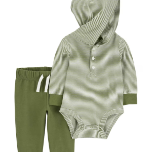 Conjunto longo de moletom bebê 2 peças listrado verde |