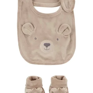 Kit babador bebê fleece com pantufa cachorrinho bege |