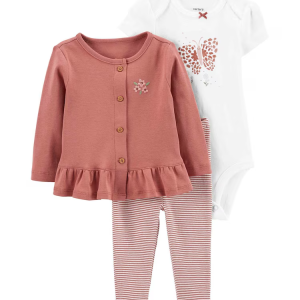 Conjunto longo bebê 3 peças listrado e borboleta rosa | Carter's 