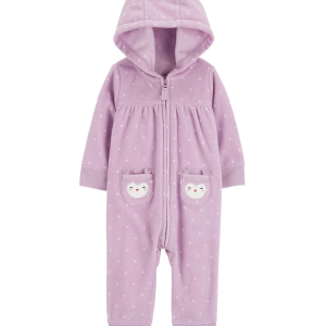 Macacão bebê de fleece poá e bichinhos com capuz lilás | Carter's