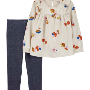 Conjunto longo infantil 2 peças floral com babados multicor |