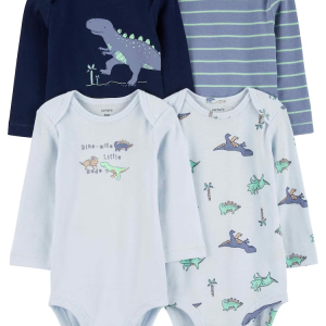 Kit body bebê 4 peças dinossauros listras azul |