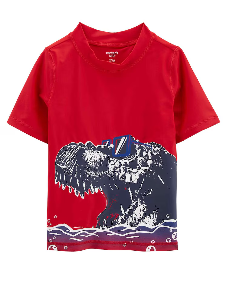 Camiseta praia infantil dinossauro de óculos vermelha |