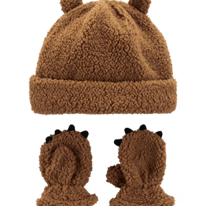 Kit Gorro + Par de Luvas Infantil Pelúcia Marrom Tam 2 a 4