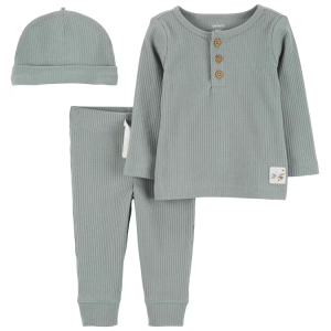 Conjunto longo bebê 2 peças e touca canelado verde |