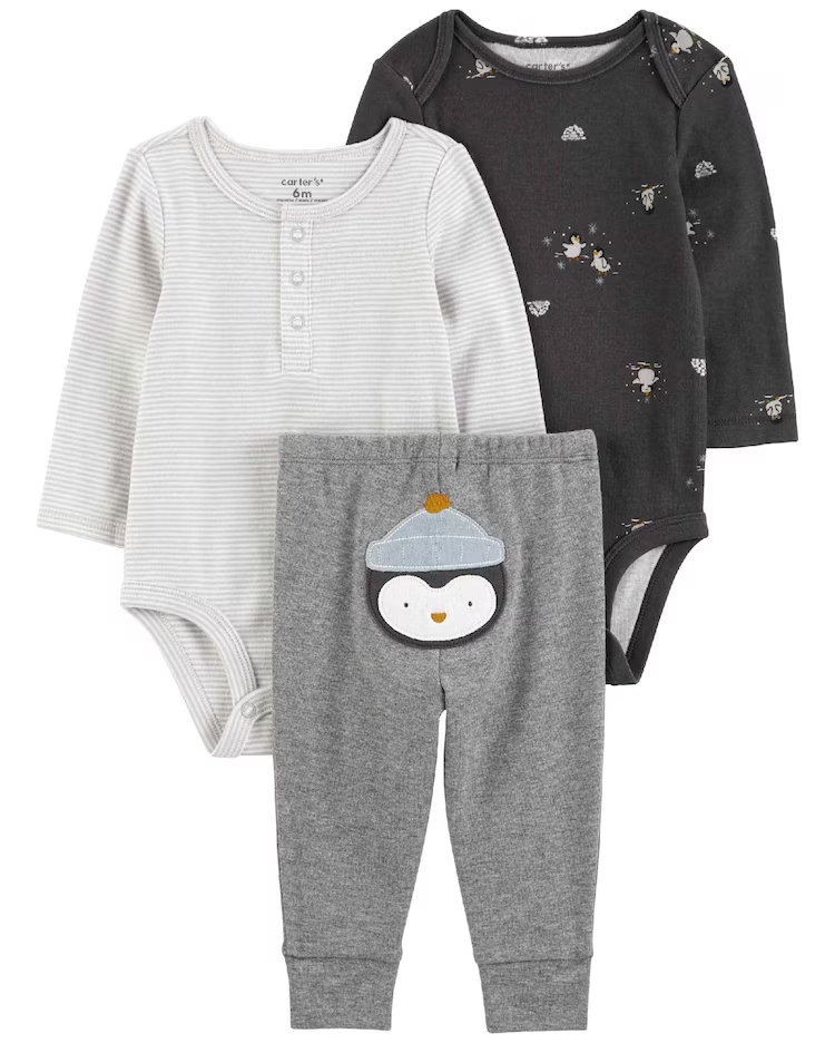 Conjunto longo bebê 3 peças bordado pinguim multicor | Carter's