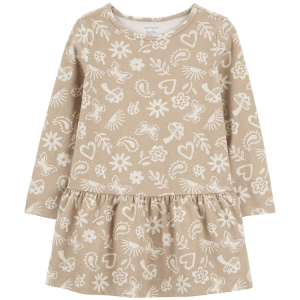 Vestido infantil evasê floral manga longa bege |