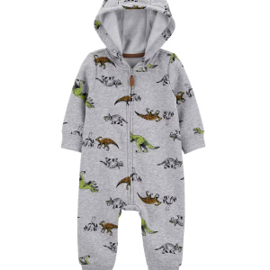 Macacão de moletom bebê com capuz  dinossauros cinza |