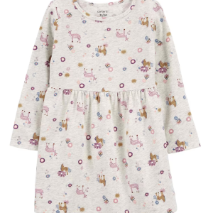 Vestido infantil evasê floral manga longa off-white |