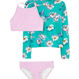 Conjunto de verão infantil 3 peças floral e listrado rosa |