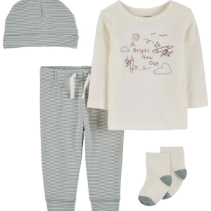 Conjunto longo bebê 3 peças e touca avião listras multicor |