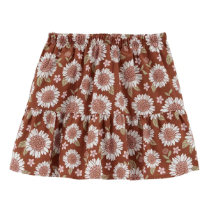 Saia Curta Infantil Babados Linho Floral Marrom Tam 6 a 8