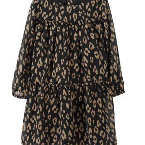 Vestido infantil evasê animal print com manga longa preto |