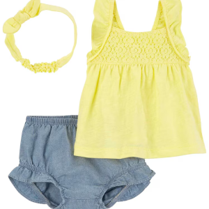 Conjunto curto bebê 2 peças com babados + faixa de cabelo multicor | Carter's