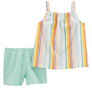 Conjunto curto infantil de linho listrado multicor |