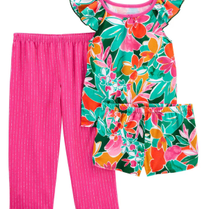 Pijama longo infantil 3 peças tropical com babados verde |