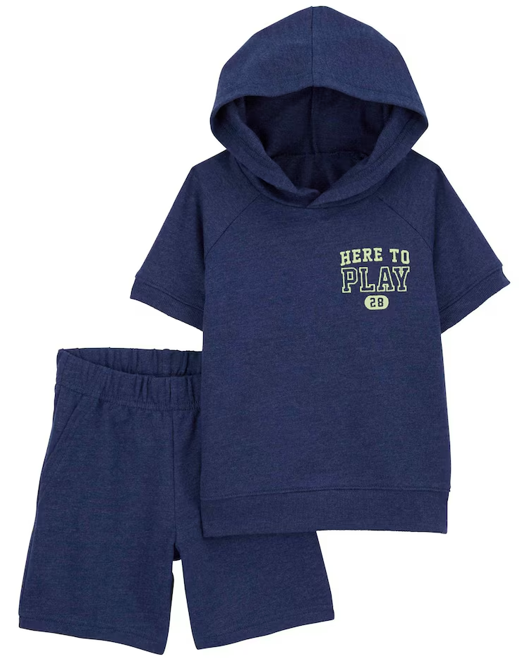 Conjunto curto de moletom infantil 2 peças com capuz azul |