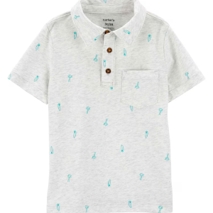 Camisa polo infantil com bolso coqueiros e pranchas cinza |