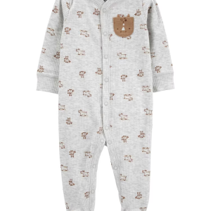 Macacão bebê canelado bichinhos com bolso cinza |