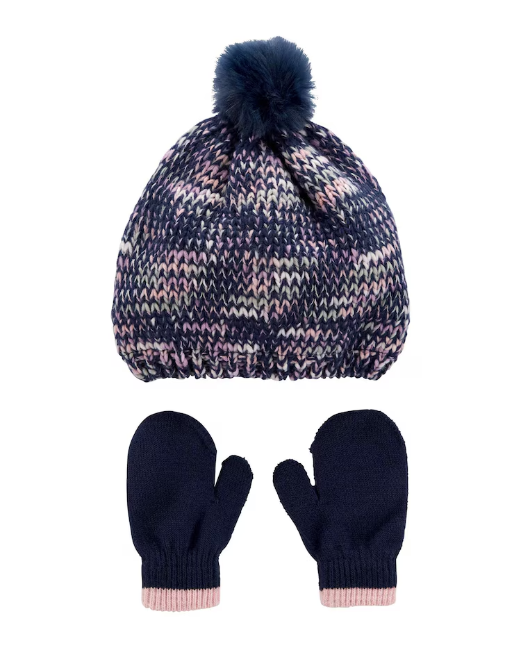 Kit Gorro e Par de Luvas Bebê Tricõ Azul Marinho Tam 0 a 24 Meses